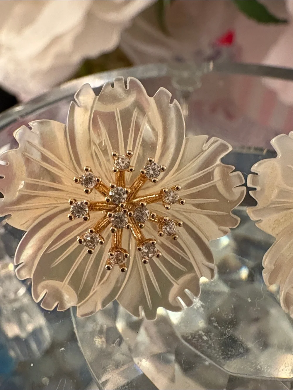 White Iridescent Mother of Pearl Floral Earrings Designer Inspired. Indonesia.